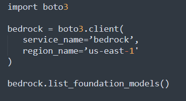 Amazon Bedrock tutorial to get started with Bedrock API access. Using AWS' Python SDK, this code displays the boto3 call for foundation models
