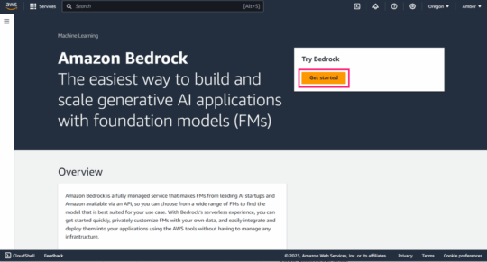 AWS Bedrock tutorial learning page showing a basic description of Bedrock and overview of what this service is.