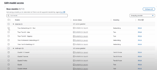 Amazon Bedrock edit model access menu displaying the base models you can use when requesting access to your first Bedrock foundation model.