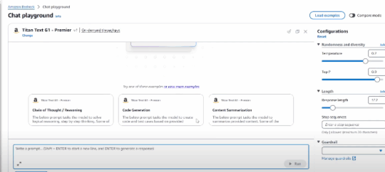 AWS Bedrock's Chat playground landing page, showing the playground for Titan Text G1 - Premier.