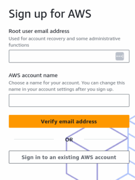 Login portal for users to sign up for AWS. Empty text bar for user to write in their root email address and then their AWS account name
