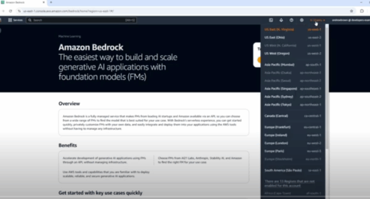 Amazon Bedrock page with top navigation opened to show how a user can select a specific region