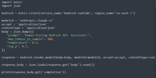 Amazon Bedrock tutorial to get started with Bedrock API access. Using AWS' Python SDK, this code displays an integration with Calude to help pull API prompts