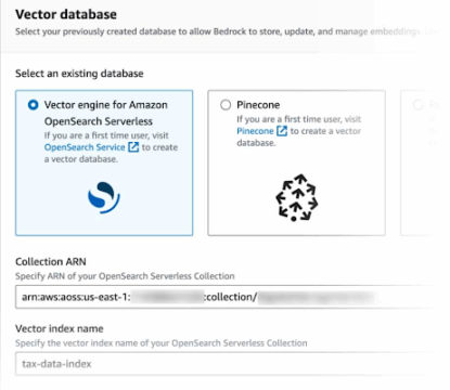 AWS vector database selection screen showing Amazon OpenSearch Serverless and Pinecone options with fields for collection ARN and vector index name.